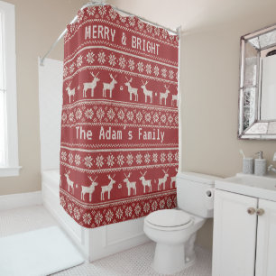 Nordic Reindeer Knit Pattern Christmas Red  Shower Curtain