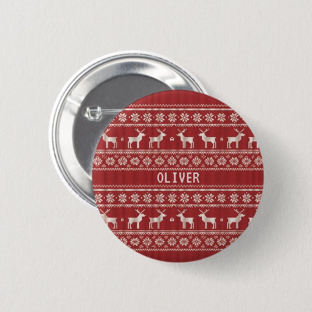Nordic Reindeer Knit Pattern Personalized  6 Cm Round Badge (Front & Back)
