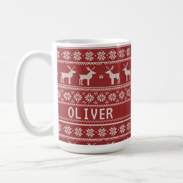 Nordic Reindeer Knit Pattern Personalized  Coffee Mug (Left)