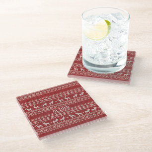 Nordic Reindeer Knit Pattern Personalized Glass Coaster