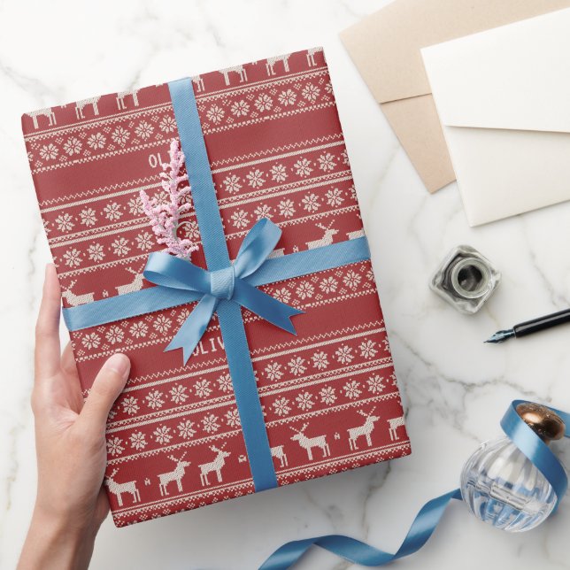 Nordic Reindeer Knit Pattern Personalized Wrapping Paper (Gifting)