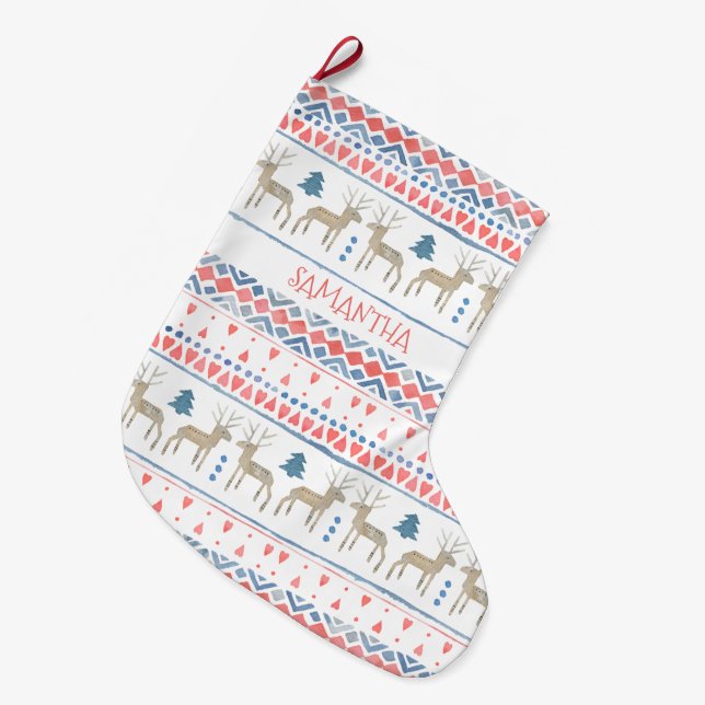 Nordic Reindeer Scandinavian Fairisle Personalised Large Christmas Stocking (Front (Hanging))