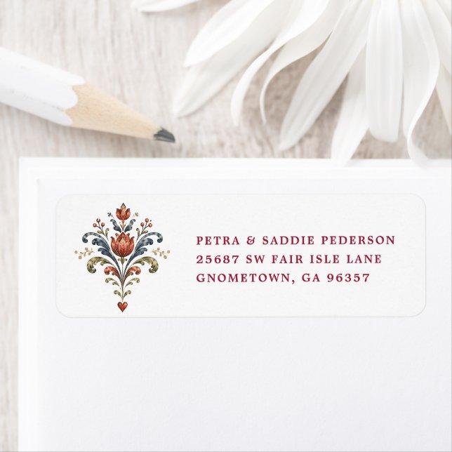 Nordic Rosemaling Folk Art Return Address Label (Insitu)