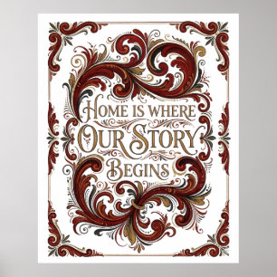 Nordic Rosemaling Poster, Home Is Where Our Story  Poster