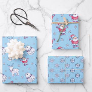 Nordic Santa and Animals Pattern on Blue Wrapping Paper Sheet