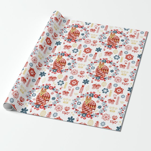 Nordic Scandi Folk Art Woodland Red Fox Flowers Wrapping Paper (Unrolled)