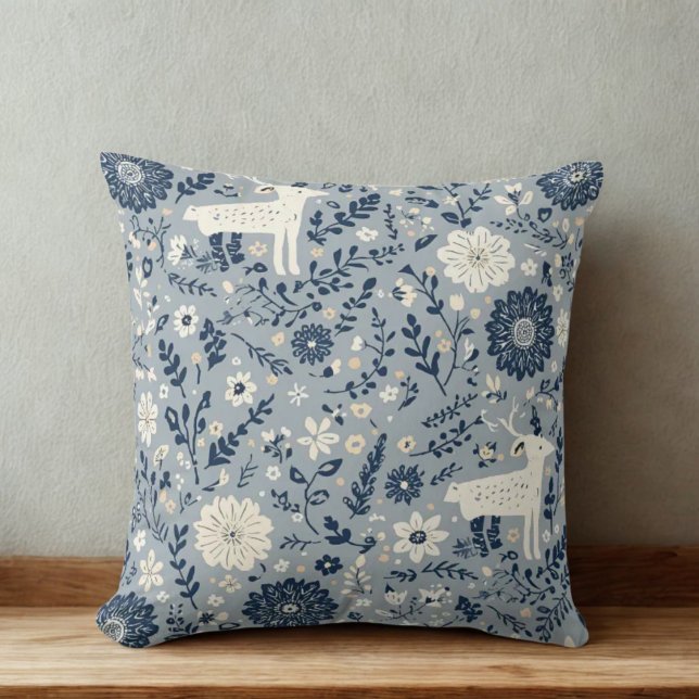 Nordic Scandinavian Deer & Floral Pattern Cushion (Nordic Scandinavian Blue and Cream Floral Deer Print Throw Pillow)