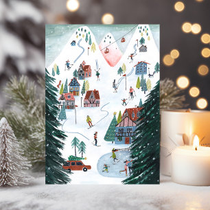 Nordic ski lodge skating Christmas Holiday Card