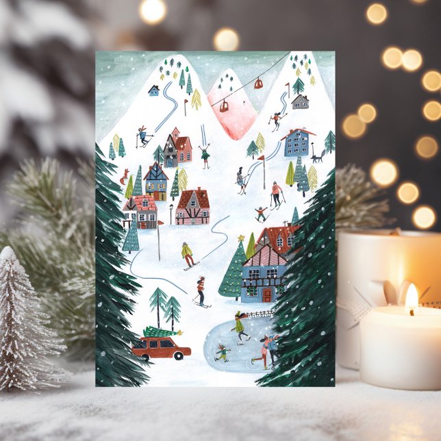 Nordic ski lodge skating Christmas Holiday Card (Nordic ski lodge skating Christmas Holiday Card)