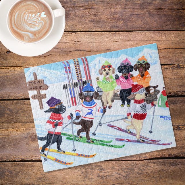 Nordic Skiing Labradors Painting Jigsaw Puzzle (Nordic Skiing Labradors Painting Jigsaw Puzzle featuring Labradors in action.  Enjoying skiing.)