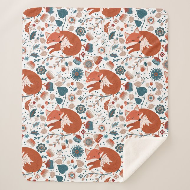 Nordic sleeping fox pattern  sherpa blanket (Front)