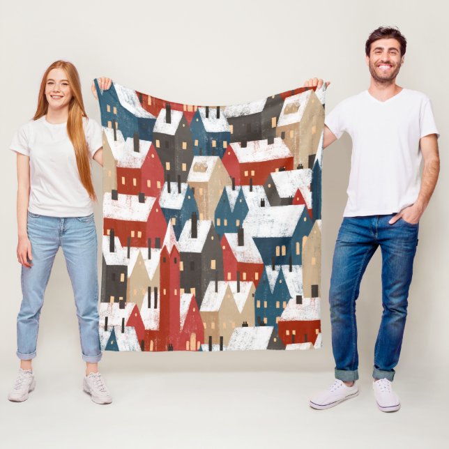 Nordic Snow Winter Town Pattern Fleece Blanket (In Situ)