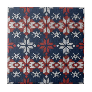Nordic Snowflake Knit Pattern in Navy, Red, White Ceramic Tile