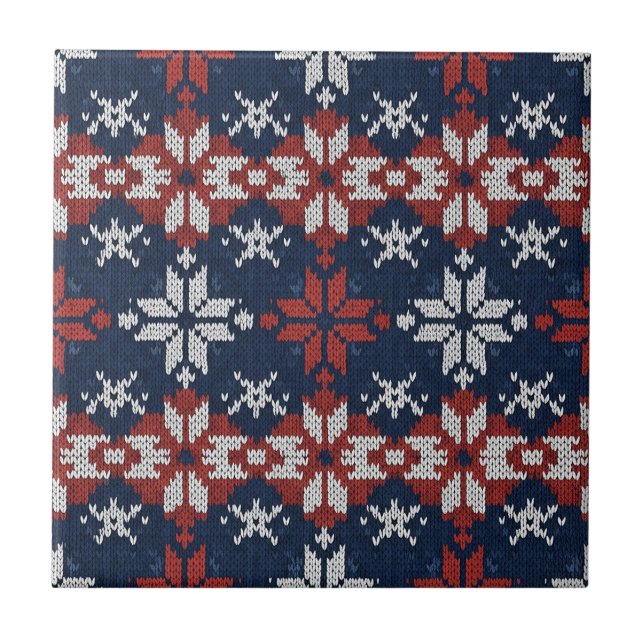 Nordic Snowflake Knit Pattern in Navy, Red, White Ceramic Tile (Front)