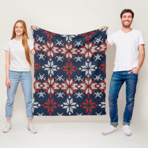 Nordic Snowflake Knit Pattern in Navy, Red, White Fleece Blanket