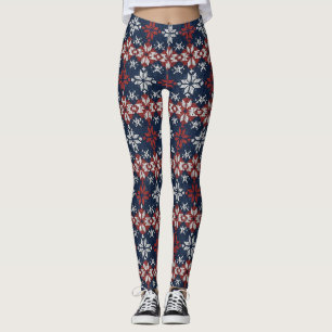 Nordic Snowflake Knit Pattern in Navy, Red, White Leggings