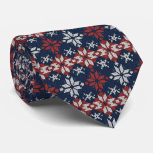 Nordic Snowflake Knit Pattern in Navy, Red, White Tie