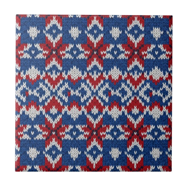 Nordic Snowflake Knit Pattern - Navy, Red, White 2 Ceramic Tile (Front)