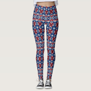 Nordic Snowflake Knit Pattern - Navy, Red, White 2 Leggings