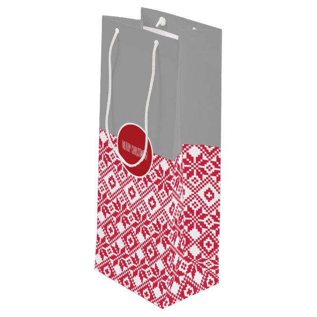 Nordic Snowflake Pattern Custom Name Christmas  Wine Gift Bag (Back Angled)