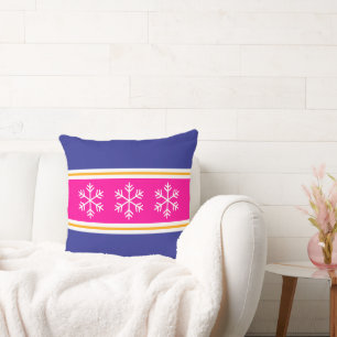 Nordic Snowflakes Bright Pink Deep Blue Stripes Cushion