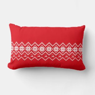 Nordic Snowflakes & Reindeers on Red and White Lumbar Cushion