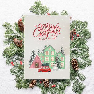 Nordic Snowy House and Red Car Christmas Holiday Card