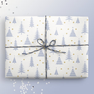 Nordic Stone Blue-Grey Christmas Trees White Wrapping Paper