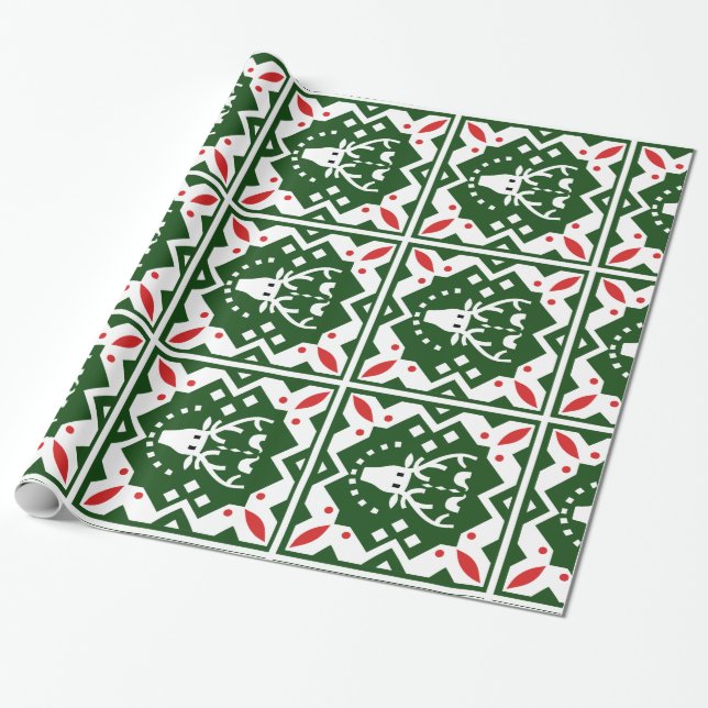 Nordic Style Christmas Holiday Reindeer Red Green Wrapping Paper (Unrolled)