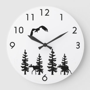 Nordic style pine trees silhouettes moose in black large clock
