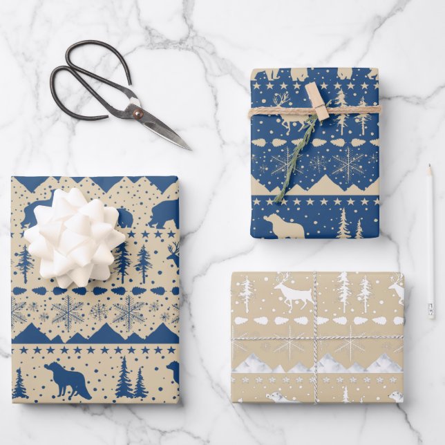 Nordic Sweater Beige Blue White Winter Animals Wrapping Paper Sheet (Front)