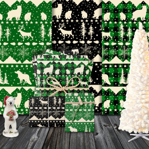 Nordic Sweater Beige Green Plaid Winter Animals Wrapping Paper Sheet