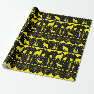 Nordic Sweater Black And Yellow Winter Animals Wrapping Paper