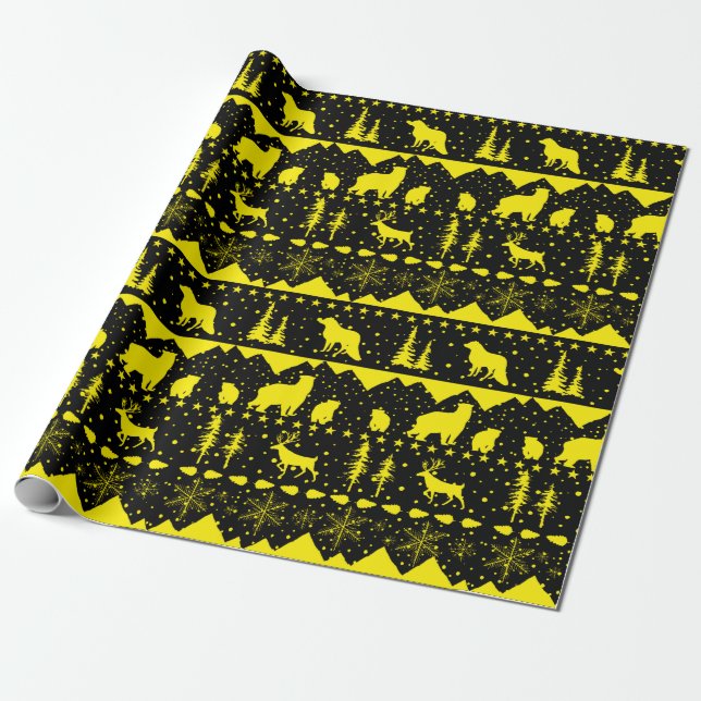 Nordic Sweater Black And Yellow Winter Animals Wrapping Paper (Unrolled)