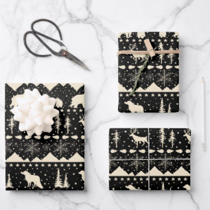 Nordic Sweater Black Beige Winter Animals Wrapping Paper Sheet