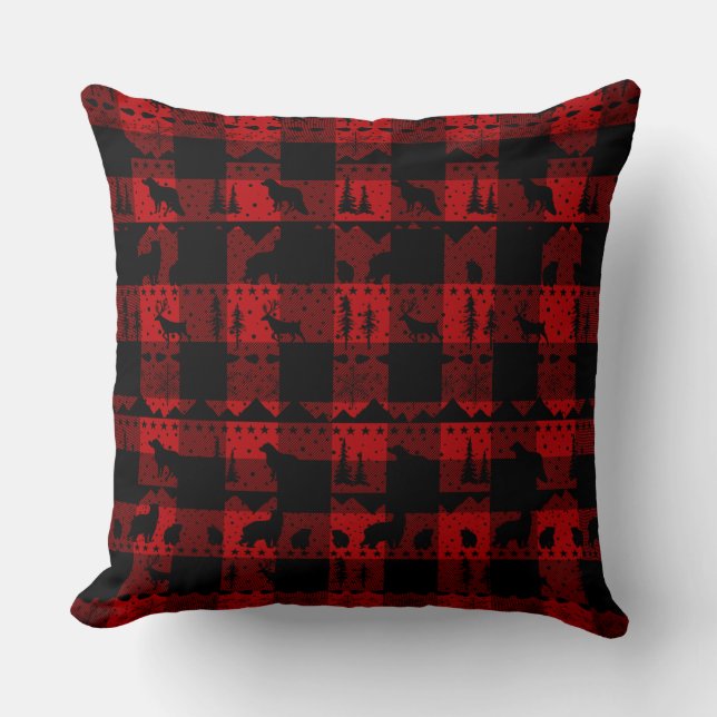 Nordic Sweater Black Winter Animals Buffalo Plaid Cushion (Front)