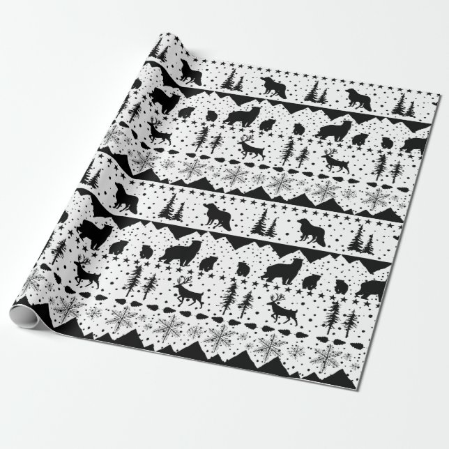 Nordic Sweater Black Winter Animals White Wrapping Paper (Unrolled)