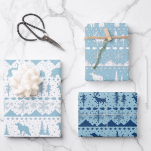 Nordic Sweater Blue And White Winter Animals Wrapping Paper Sheet