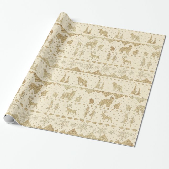 Nordic Sweater Creamy Beige Gold Winter Animals Wrapping Paper (Unrolled)