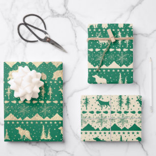 Nordic Sweater Gold Beige Green Winter Animals Wrapping Paper Sheet