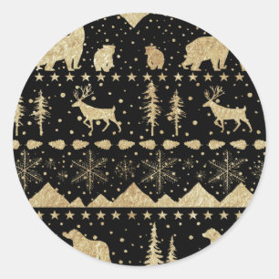 Nordic Sweater Gold Winter Animals Black Classic Round Sticker
