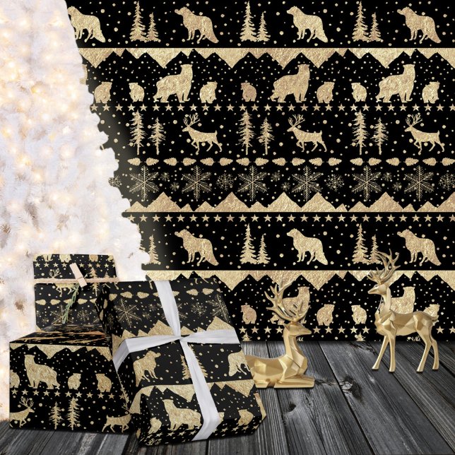 Nordic Sweater Gold Winter Animals Black Wrapping Paper (Nordic Sweater Gold Winter Animals Black Christmas Holiday Gift Wrapping Rolls in 6 & 15' lengths.)