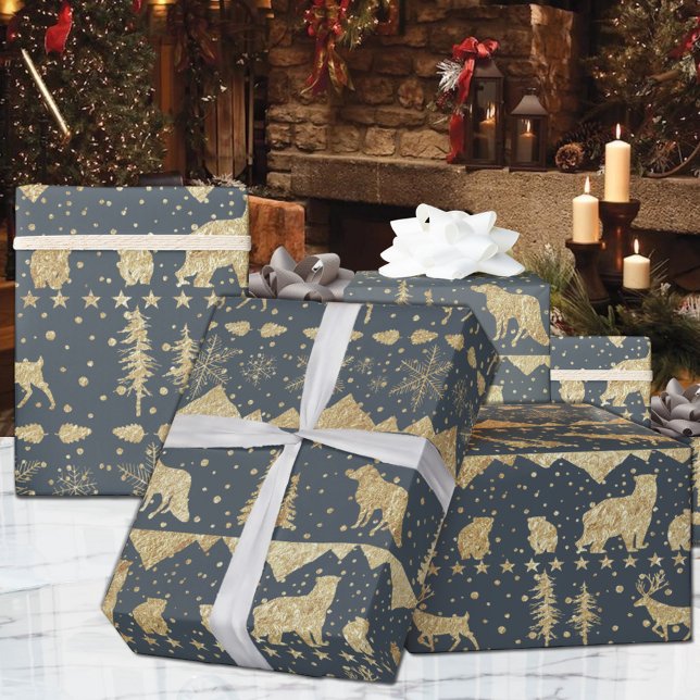 Nordic Sweater Gold Winter Animals Gray Flannel Wrapping Paper (Nordic Sweater Gray & Gold Winter Animals Christmas Holiday Wrapping Paper Rolls)