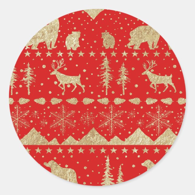Nordic Sweater Gold Winter Animals Holiday Red Classic Round Sticker (Front)