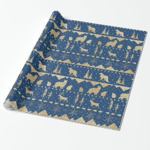 Nordic Sweater Gold Winter Animals Navy Blue Wrapping Paper