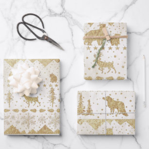 Nordic Sweater Gold Winter Animals Pearl White Wrapping Paper Sheet