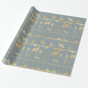 Nordic Sweater Gold Winter Animals Teal Gray Wrapping Paper