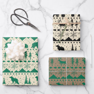 Nordic Sweater Green Black Beige Winter Animals Wrapping Paper Sheet