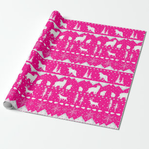 Nordic Sweater Hot Pink & White Winter Animals Wrapping Paper