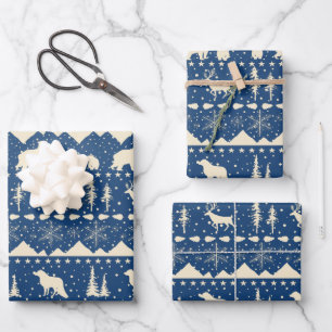Nordic Sweater Navy Blue Beige Winter Animals Wrapping Paper Sheet